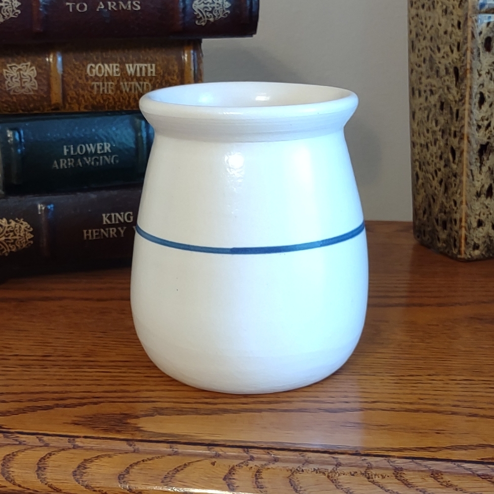 Vintage 80s Stoneware Crock with Classic Blue Stripe EUC